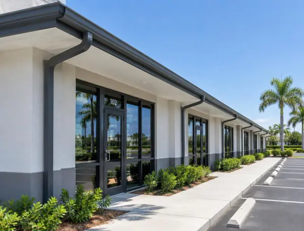 Dark gutters and downspouts on a commercial building