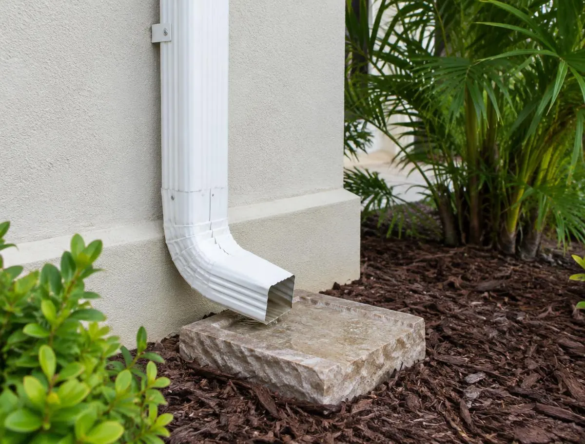 White downspout with elbow directing water onto a stone splash block beside a Florida home