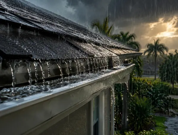Heavy rain pouring off a roof into a gutter during a Florida storm