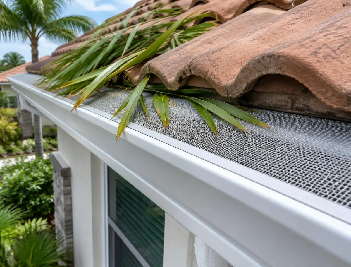White gutter fitted with a mesh gutter guard beneath a tile roof with palm fronds resting on top